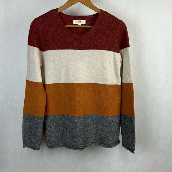 Pinque Sweater Broad Stripes Womens Sz Large Rolled Hem Gray Gold Cream Red Fall - Picture 1 of 6